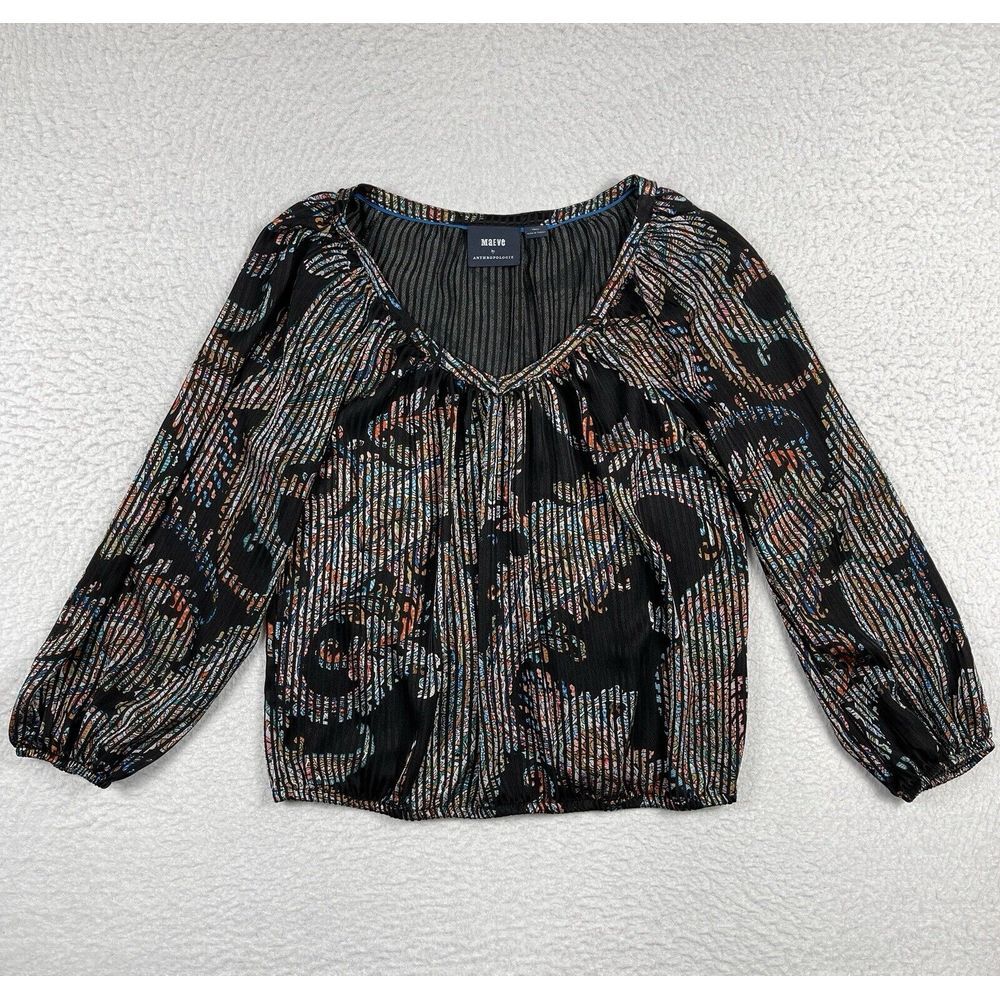 Maeve Shirt Womens Small Black Colorful Smocked Sleeve Paisley Peasant Top Boho